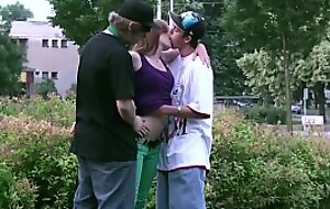 Street sex with Alexis Crystal and 2 teen men fucking orgy in broad daylight