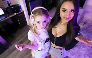 Coupling of girlhood doing deep blowjob to stepfather of one of them, then succeed in fucked doggystyle and spread wings for nice hardcore sex in hot threesome