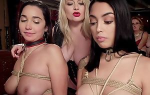 Two submissive brunettes get roughly screwed at immoral sex party