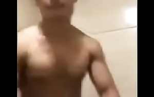 Bodybuilder busts a fat nut within reach public bathroom