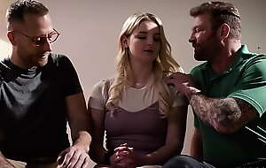 Innocent teen blonde Eliza Eves double pussy fucked by two older guys